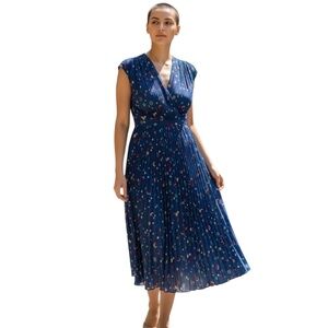 Vintage Jonathan Logan‎ 1975s Paint Dot Print Crepe Blue MultiColor V Neck Dress